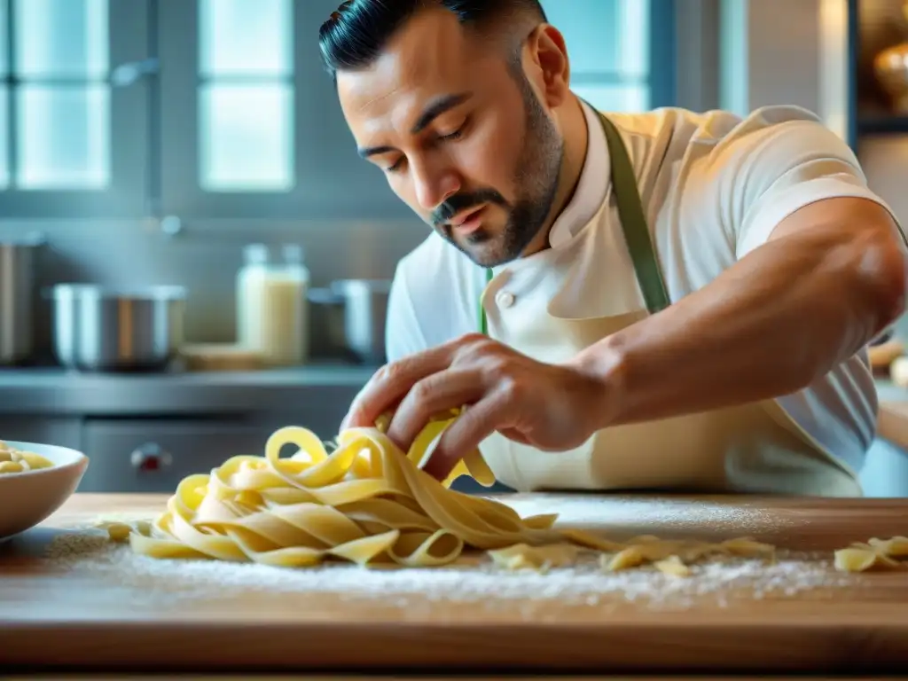 Un chef experto elaborando con destreza técnicas mediterráneas pastas auténticas en un entorno luminoso y detallado