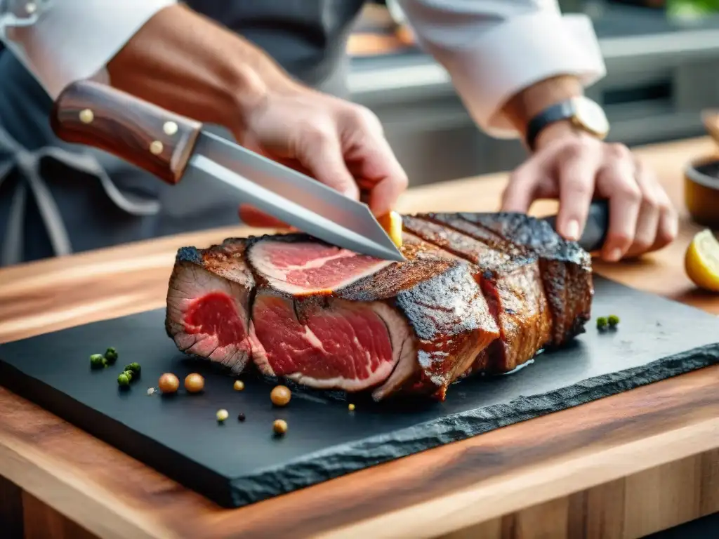 Un chef experto prepara con destreza un Tomahawk corte carne gourmet delicia, resaltando su marbling y grosor