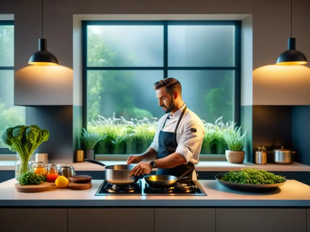 Un chef experto preparando una elaborada receta en una cocina moderna y bien equipada, rodeado de ingredientes frescos