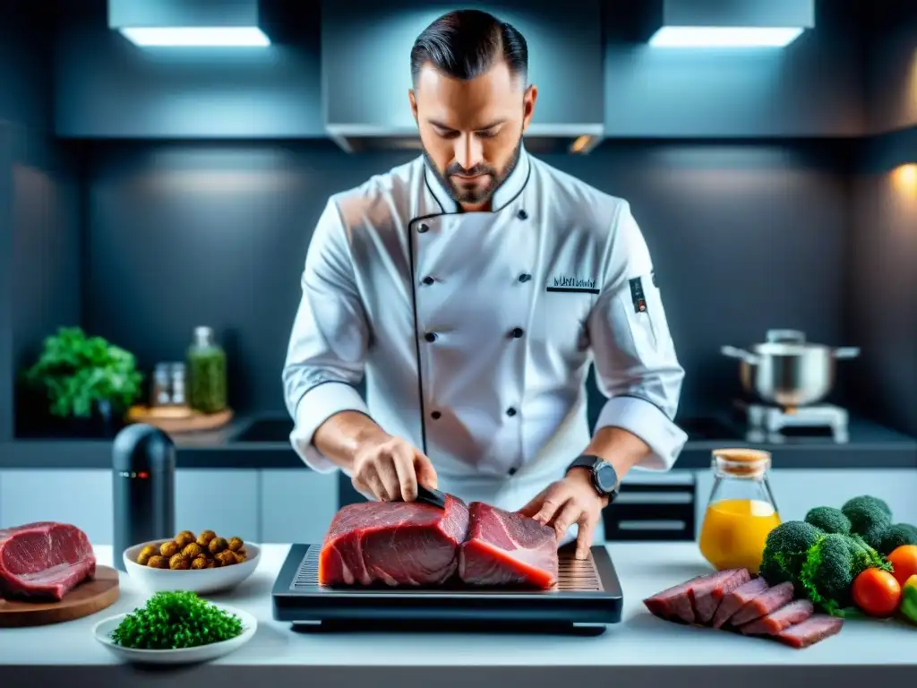 Un chef experto evita errores en cocina al vacío, sellando carne marinada con precisión