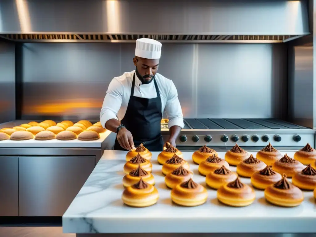 Un chef experto incorpora especias africanas en pastelería gourmet en una cocina moderna y lujosa