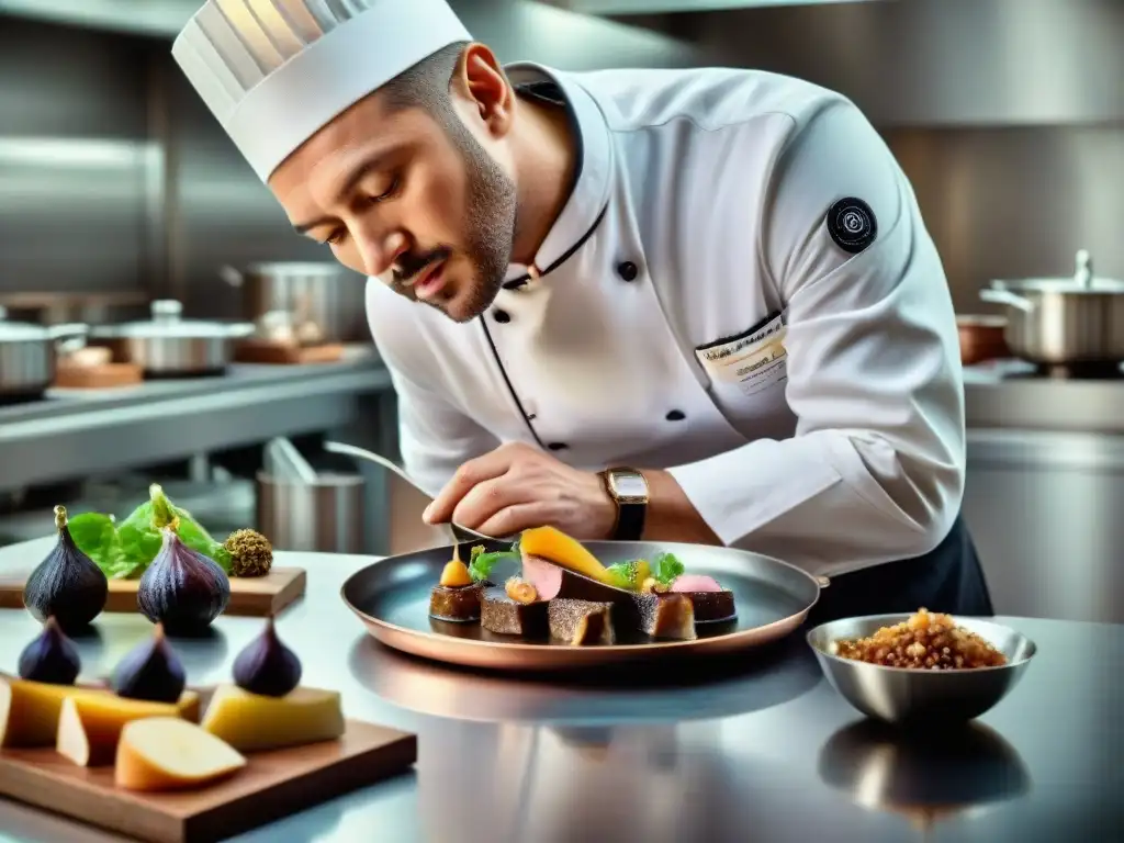 Un chef experto preparando un exquisito foie gras gourmet en una cocina de alta gama