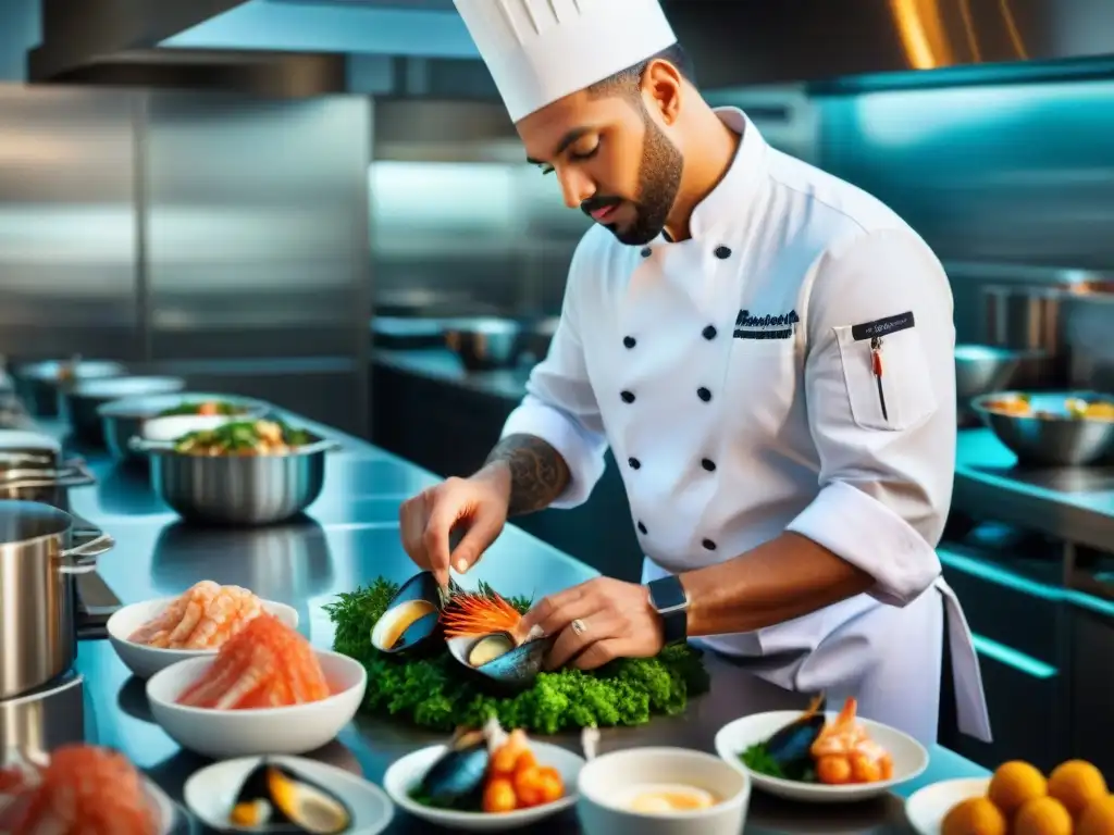 Chef experto preparando exquisitos mariscos en cocina moderna