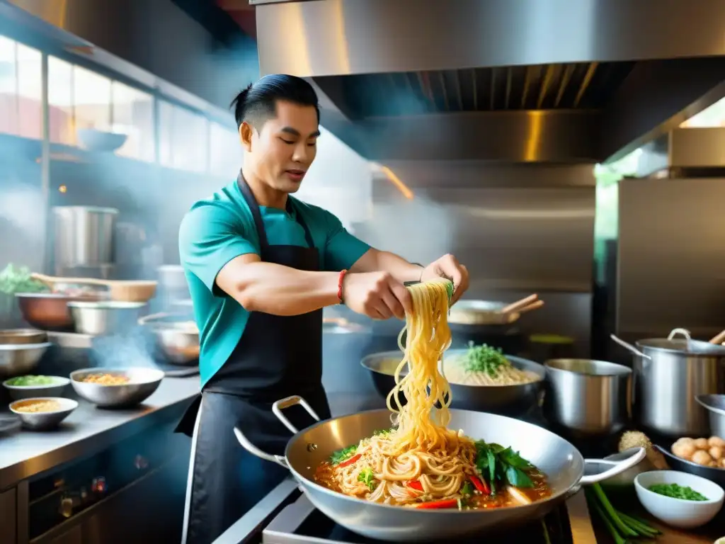 Un chef tailandés experto cocinando fideos en wok, inmerso en la cultura culinaria tailandesa