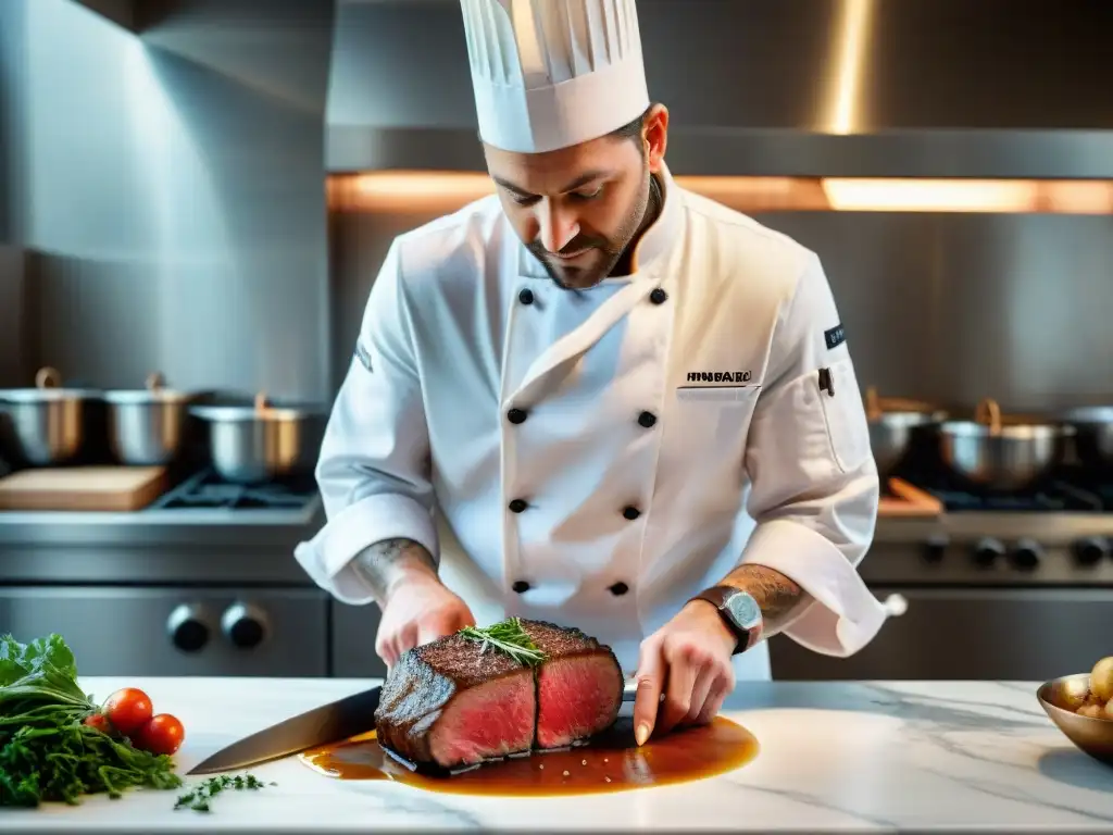 Un chef experto cortando filete con precisión en una cocina moderna