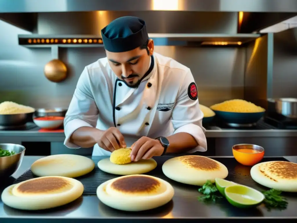 Un chef experto preparando gourmet arepas en cocina moderna, destacando proceso detallado y colores vibrantes