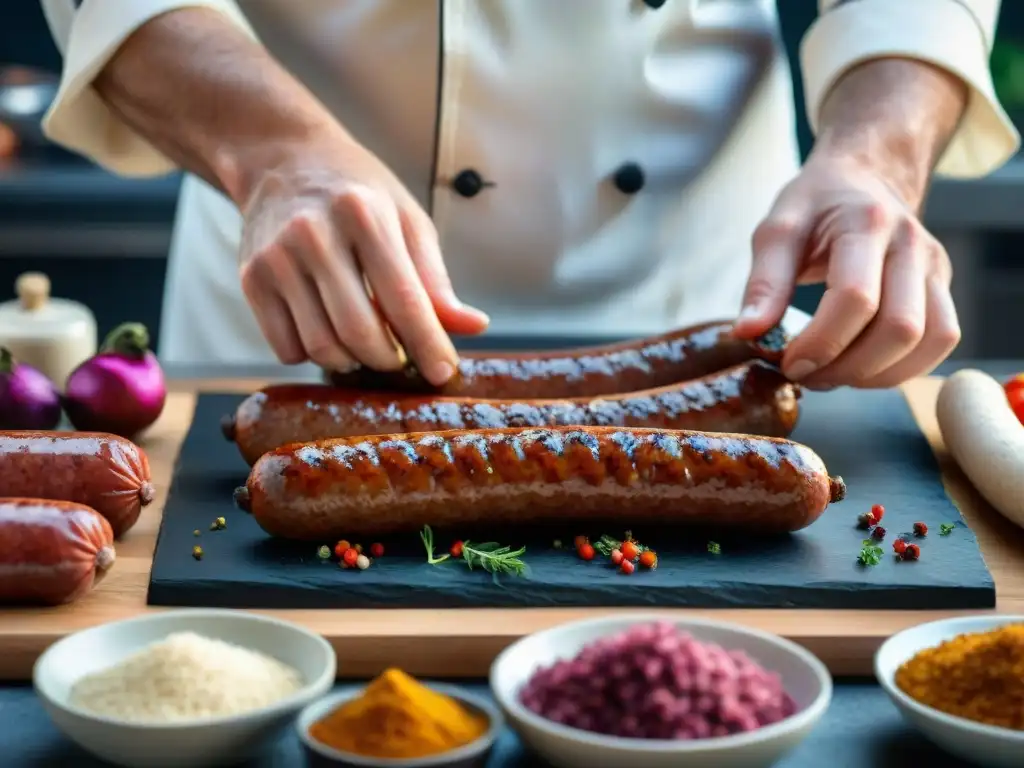 Un chef experto sazona con maestría una gran cantidad de salchichas caseras gourmet