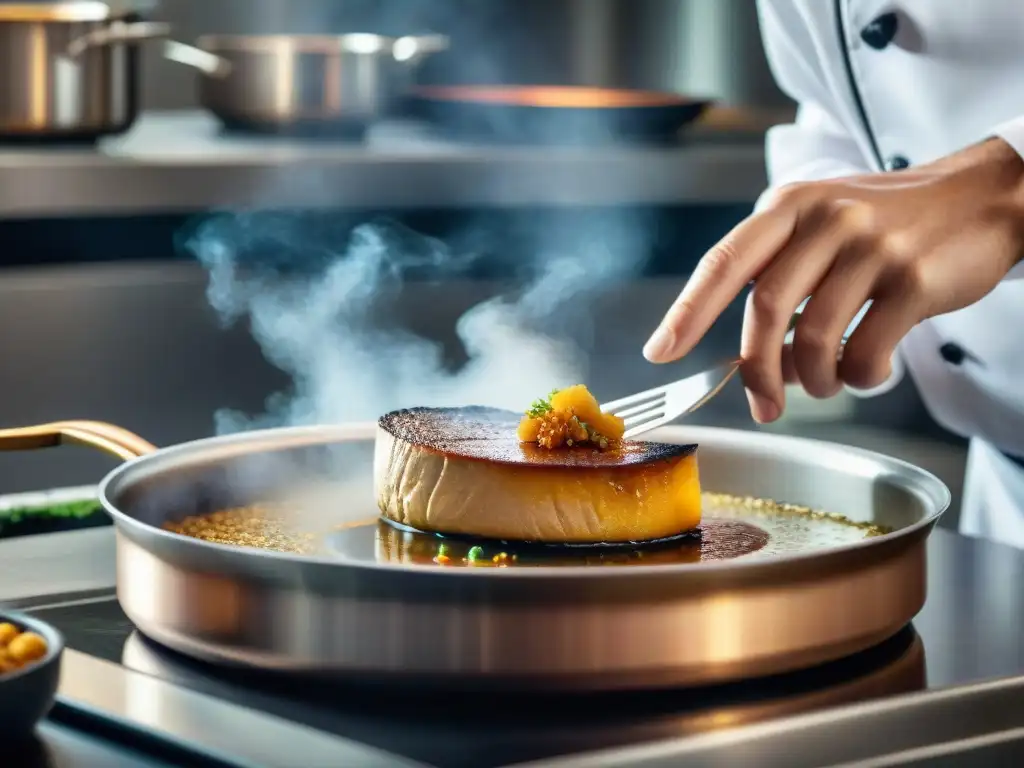 Un chef experto preparando foie gras gourmet en una cocina impecablemente organizada