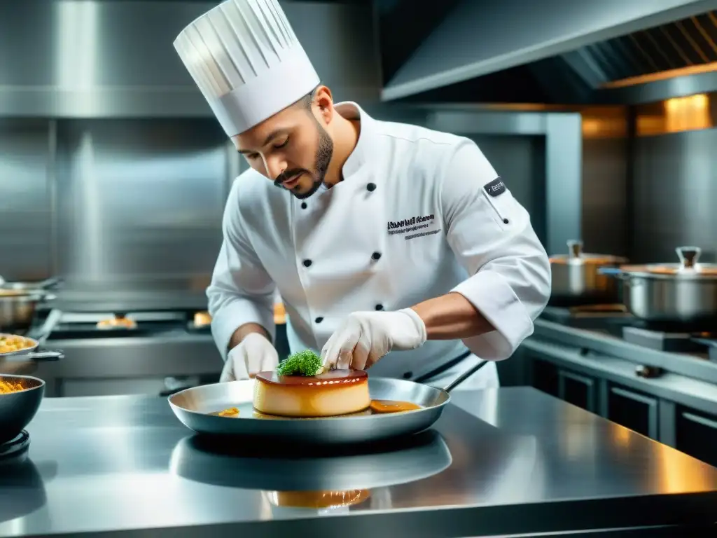 Un chef experto preparando foie gras gourmet en una cocina profesional de lujo