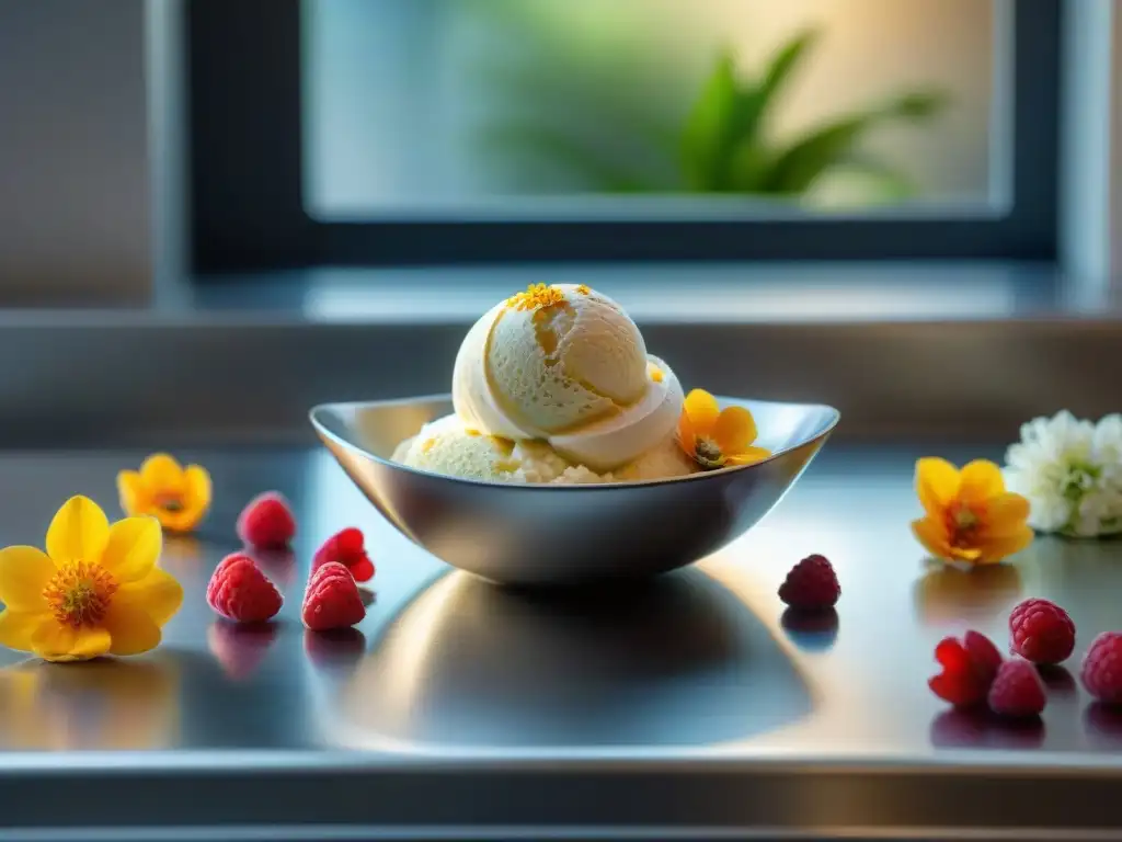 Un chef experto elabora helado de alta gastronomía en una cocina moderna, rodeado de ingredientes premium