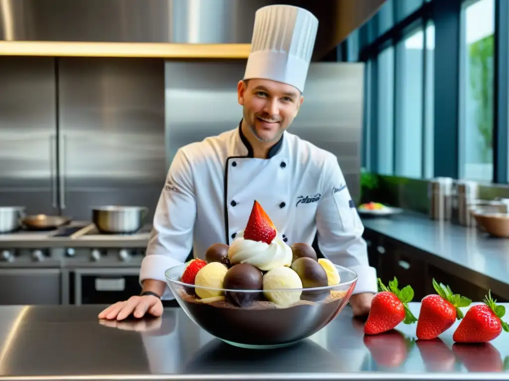 Un chef experto elabora un helado gourmet en una cocina moderna