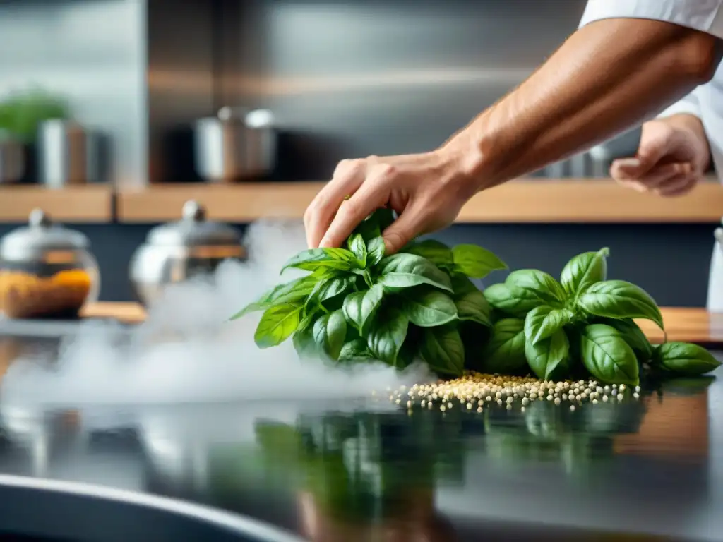 Un chef experto dispone hierbas y especias en una cocina impecable, destacando detalles