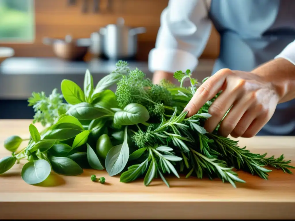 Chef experto cosechando hierbas frescas en jardín Un chef experto seleccionando hierbas frescas en un jardín exuberante, mostrando técnicas modernas para maximizar el sabor