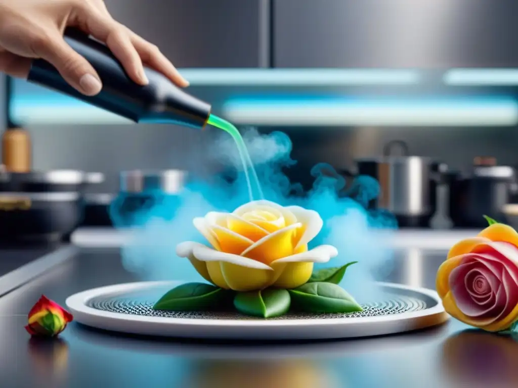 Un chef experto utiliza una impresora 3D para crear alimentos impresos en 3D en una cocina futurista