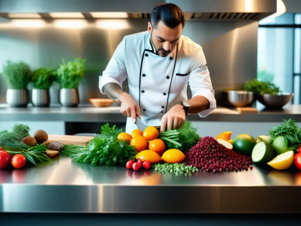 Un chef experto combina ingredientes para creaciones gourmet en una cocina profesional, creando arte culinario vibrante y exquisito