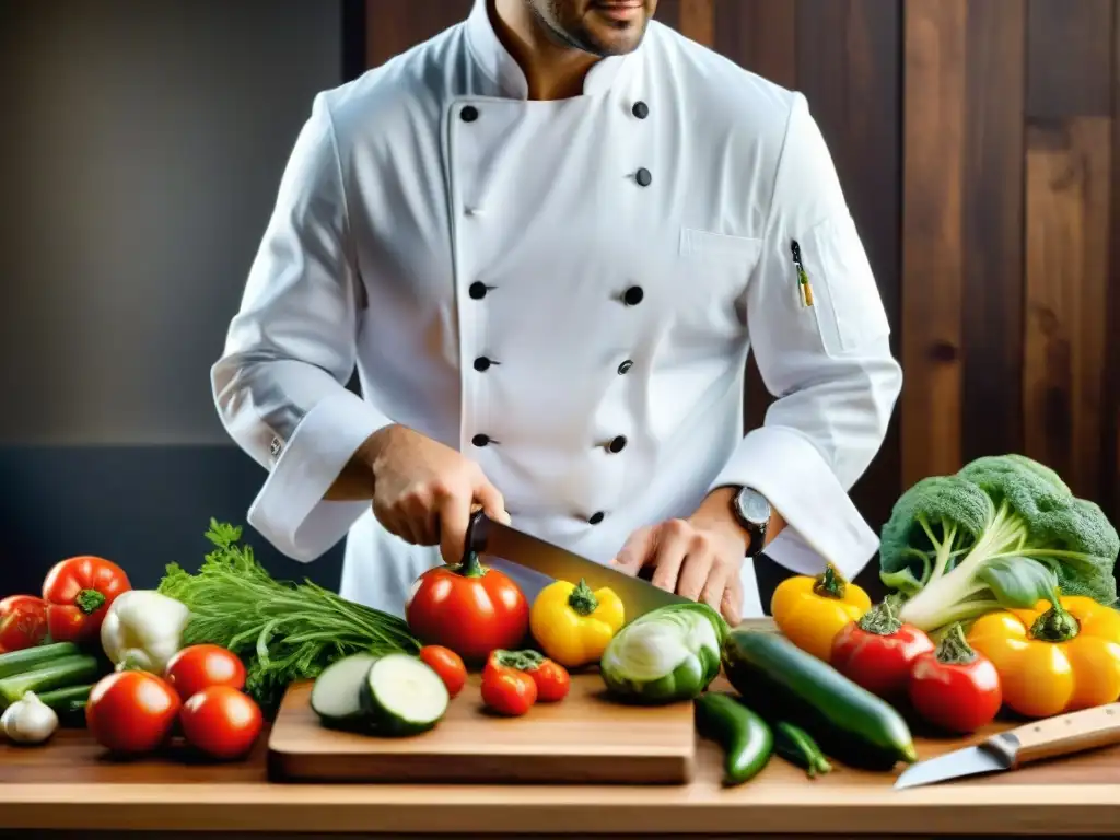 Un chef experto cortando ingredientes frescos en una tabla de madera