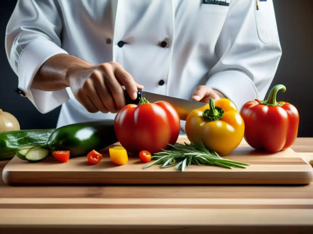 Un chef experto cortando ingredientes frescos en una tabla de madera