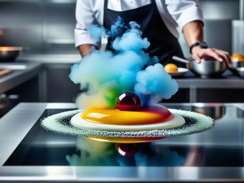 Un chef experto en gastronomía molecular prepara un innovador postre en una cocina moderna