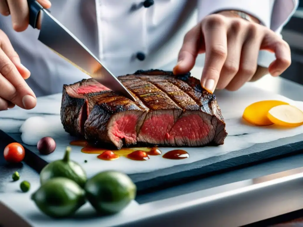 Un chef experto cortando una jugosa carne premium, rodeado de ingredientes y herramientas culinarias, evocando tradición y gourmet