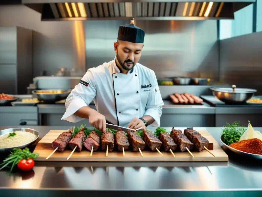 Un chef experto preparando un kebab asiático gourmet con precisión y arte en una cocina moderna