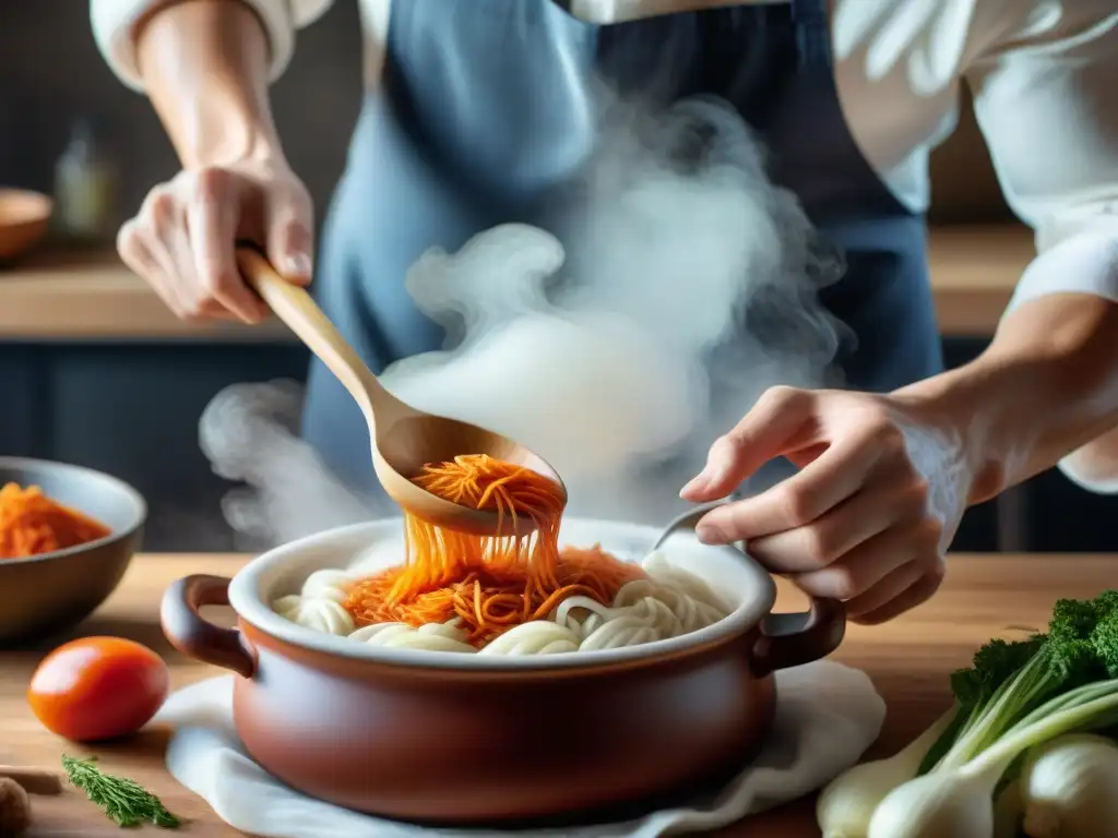 Un chef experto mezcla kimchi fermentado en un cántaro de cerámica