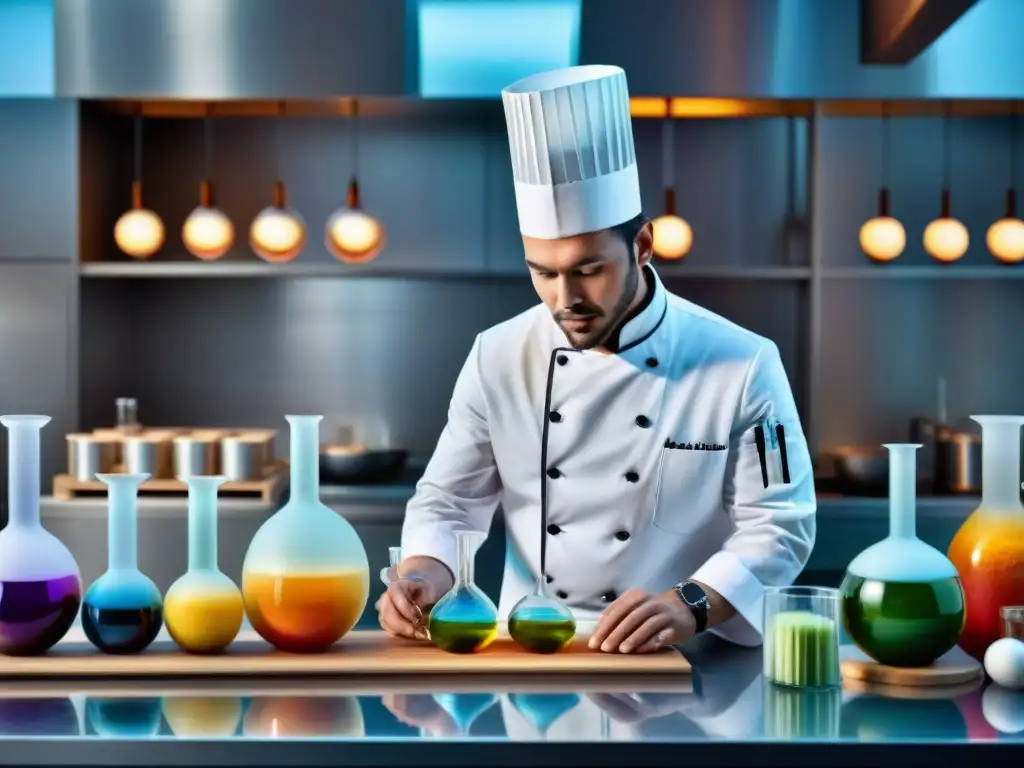 Un chef experto en un laboratorio moderno de cocina, creando platos de gastronomía molecular con precisión y arte