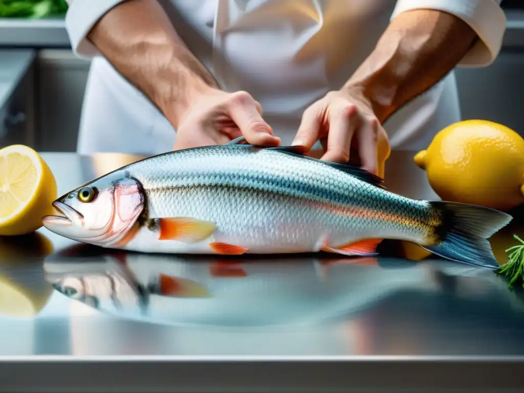 Un chef experto fileteando una lubina salvaje en un elegante entorno culinario