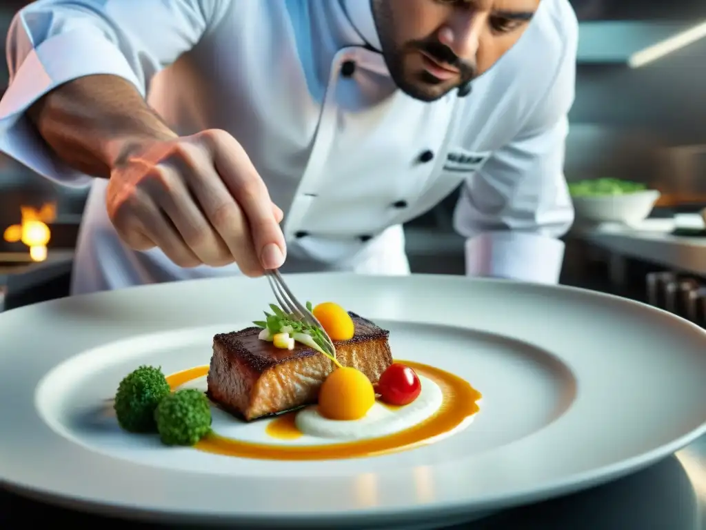 Un chef experto en un lujoso restaurante creando una obra de arte culinaria