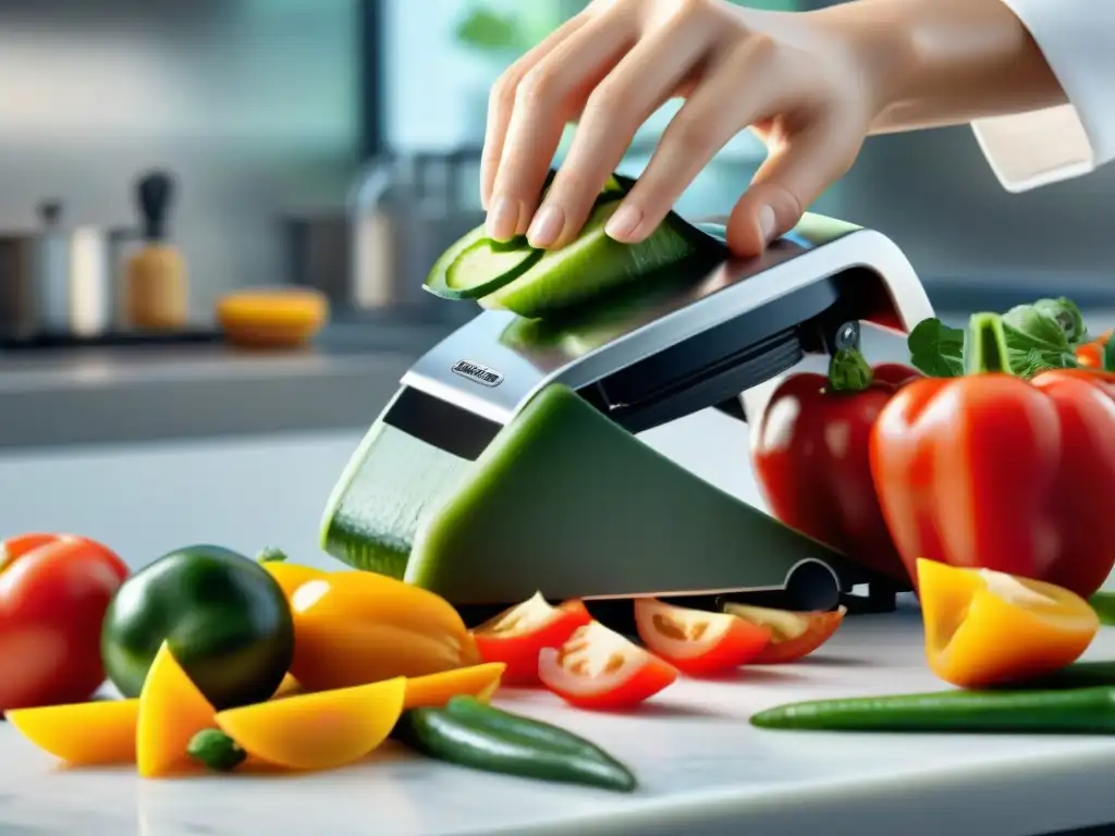 Un chef experto maniobra una mandolina sobre tomates, pepinos y pimientos