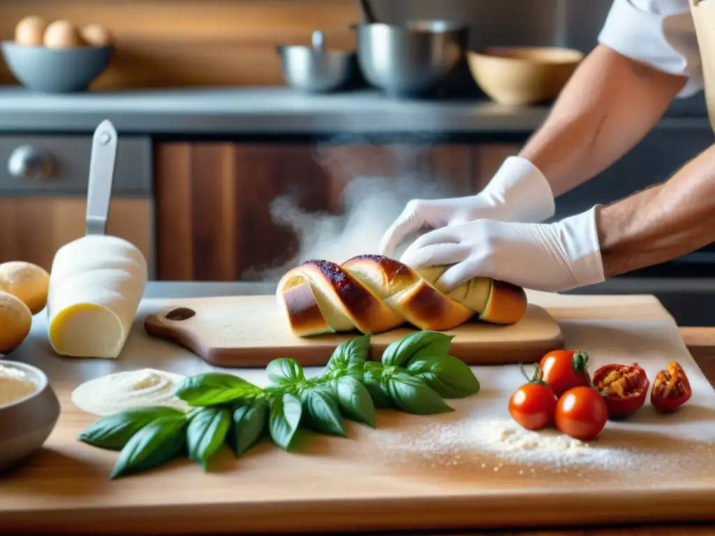 Un chef experto trenzando masa de pan rellena en una cocina rústica