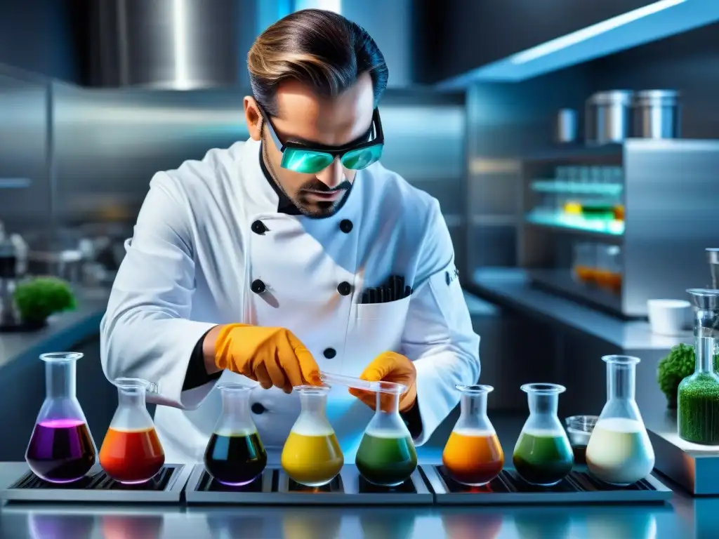 Un chef experto en gastronomía molecular creando una obra de arte culinaria con precisión y pasión en un laboratorio de cocina de alta tecnología