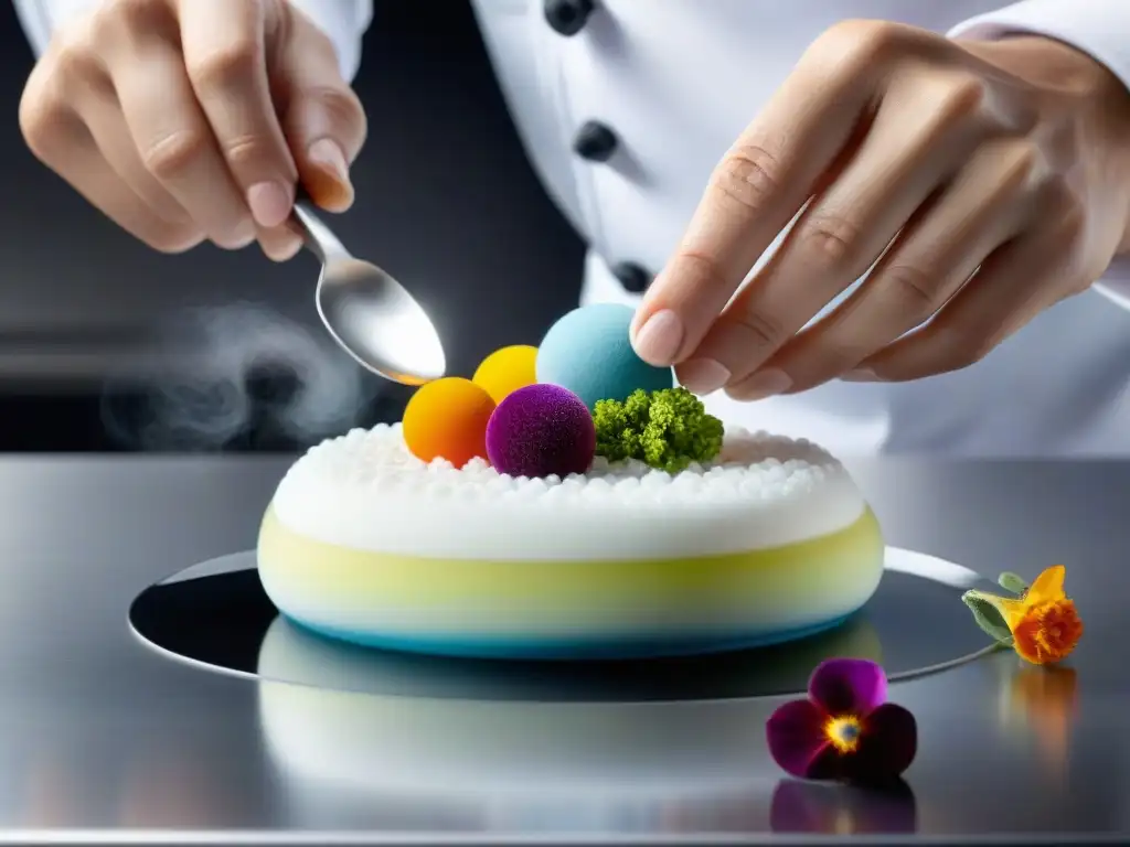 Un chef experto en Gastronomía Molecular crea un plato único con esferas, espumas y flores comestibles, en una cocina moderna y sofisticada