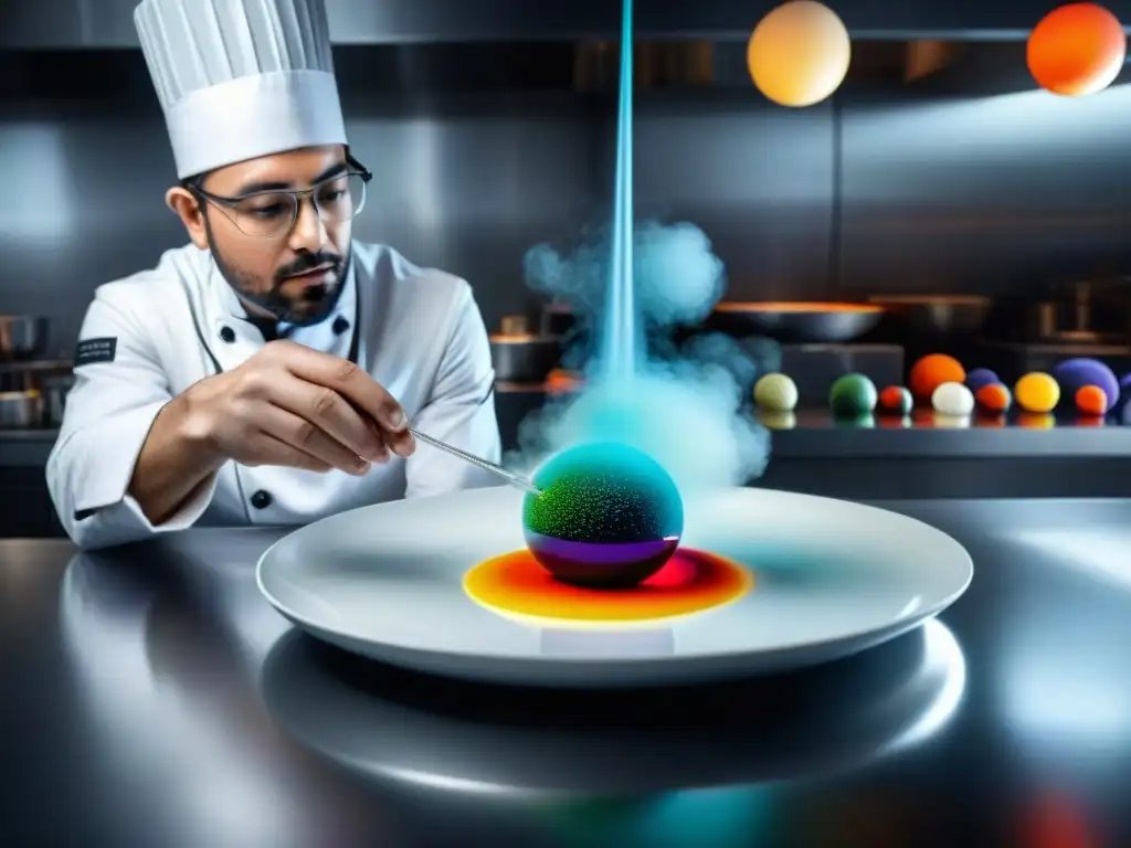 Chef experto en gastronomía molecular creando un plato vanguardista con esferas coloridas