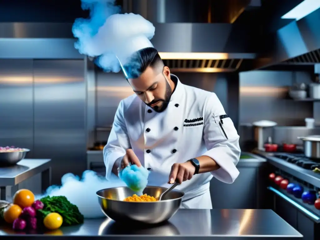 Chef experto usando nitrógeno líquido en cocina para crear obra culinaria innovadora