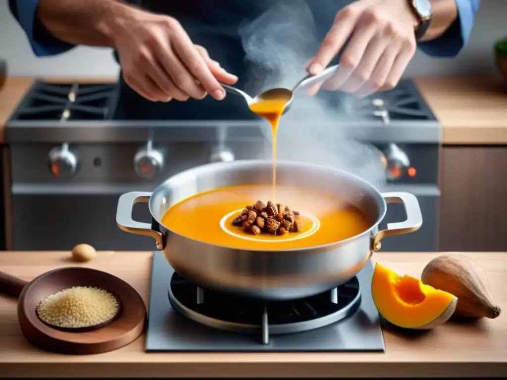 Un chef experto rallando nuez moscada fresca sobre una olla de sopa de calabaza en una cocina moderna y elegante