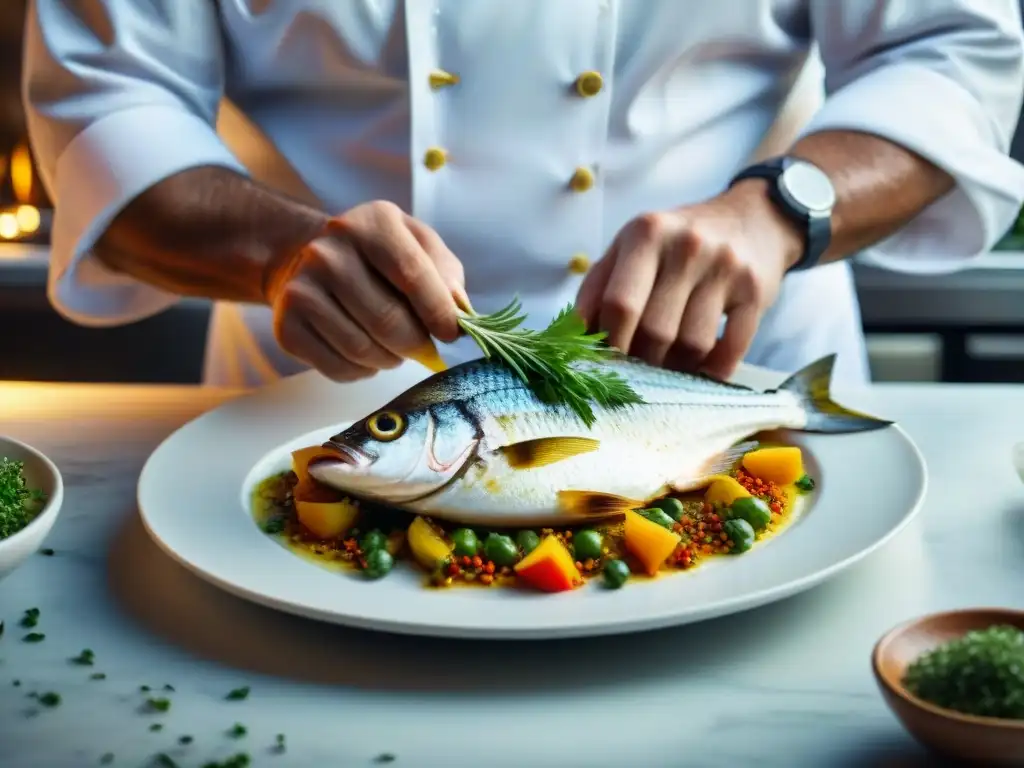 Un chef experto preparando un pescado dorado en alta cocina con precisión y arte