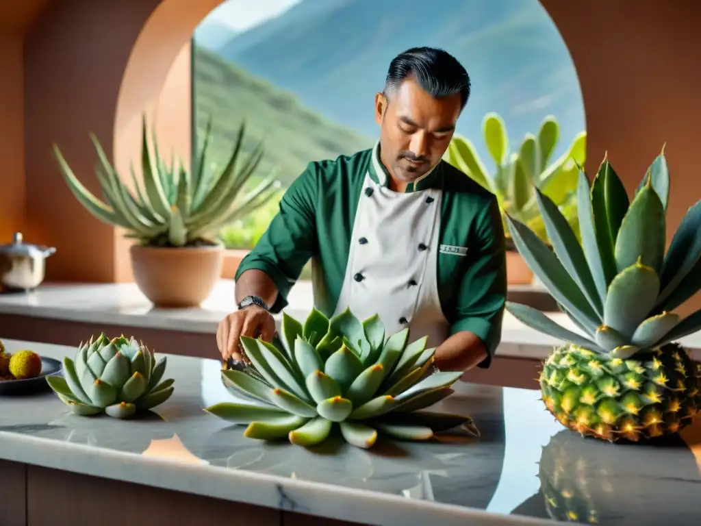 Un chef experto prepara un platillo gourmet en una cocina moderna con nopales y tunas