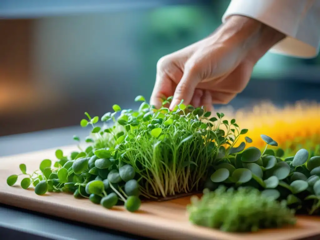 Un chef experto decora un platillo vibrante con microgreens, resaltando la cocina gourmet y la nutrición