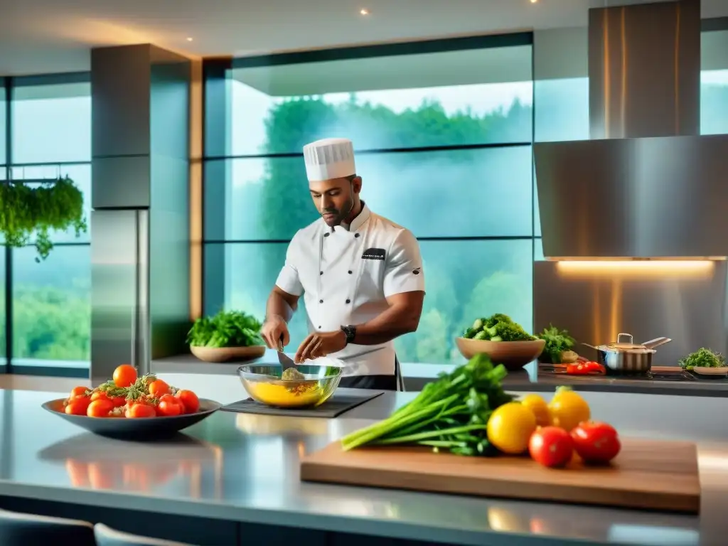 Un chef experto prepara un plato gourmet en una cocina moderna, transmitiendo maestría y elegancia