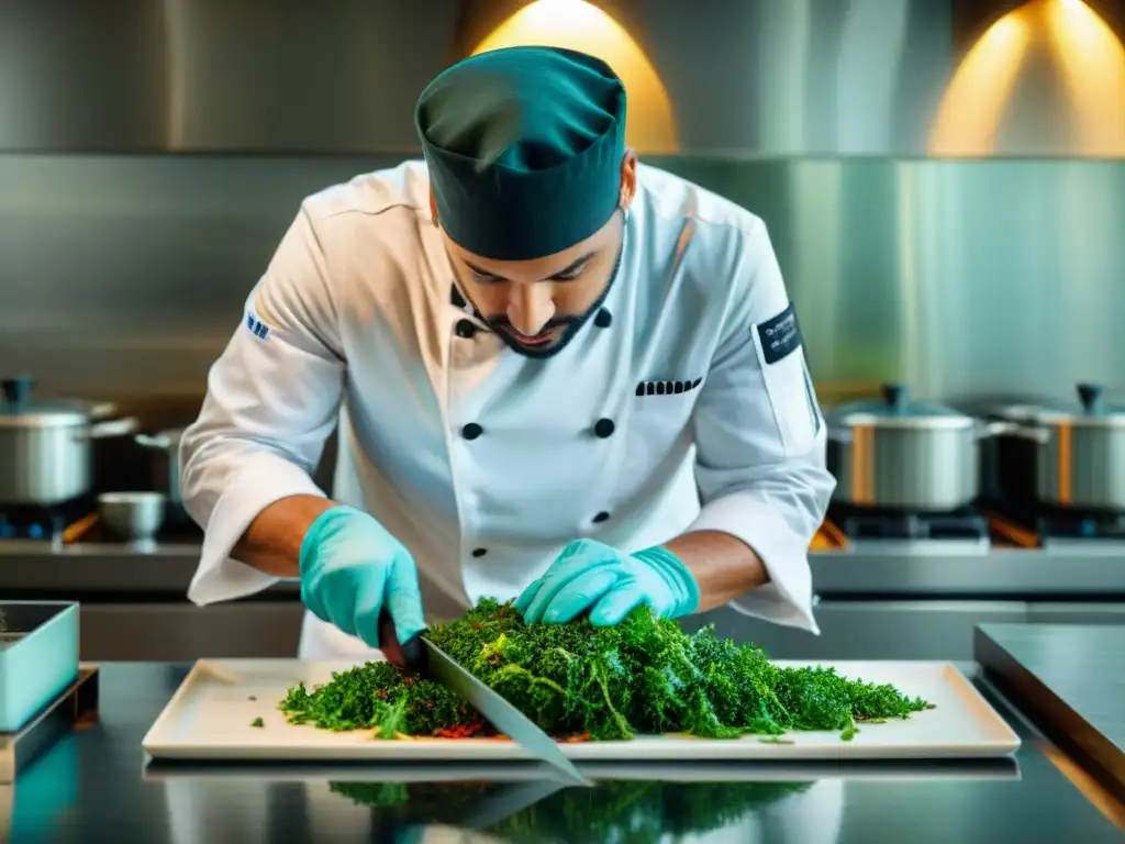 Un chef experto preparando un plato gourmet rodeado de algas frescas y coloridas en una cocina moderna