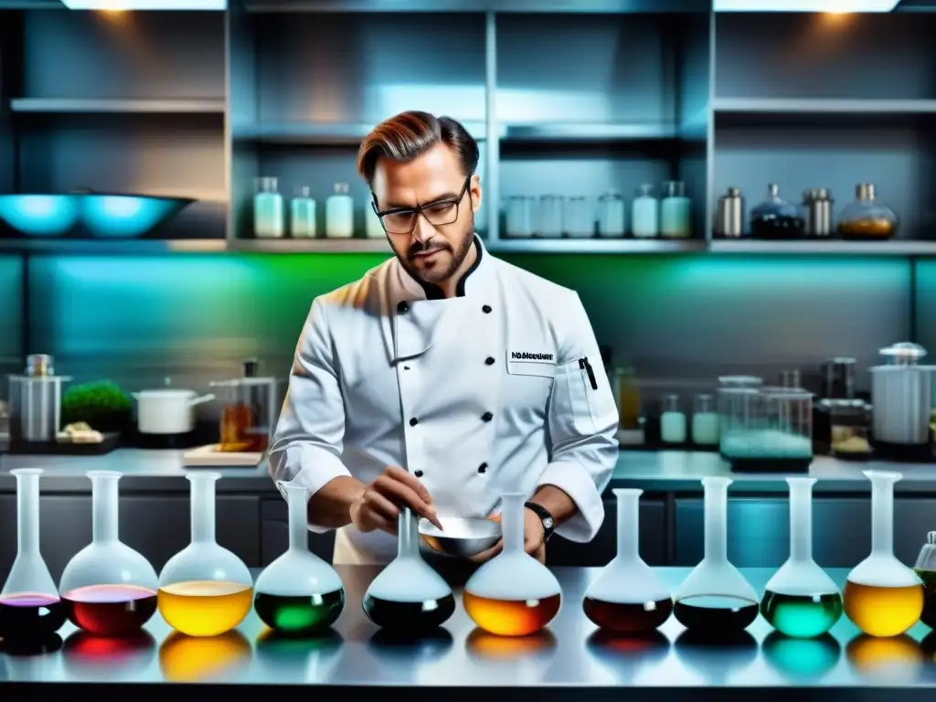 Un chef experto en gastronomía molecular crea platos intrincados en un laboratorio moderno