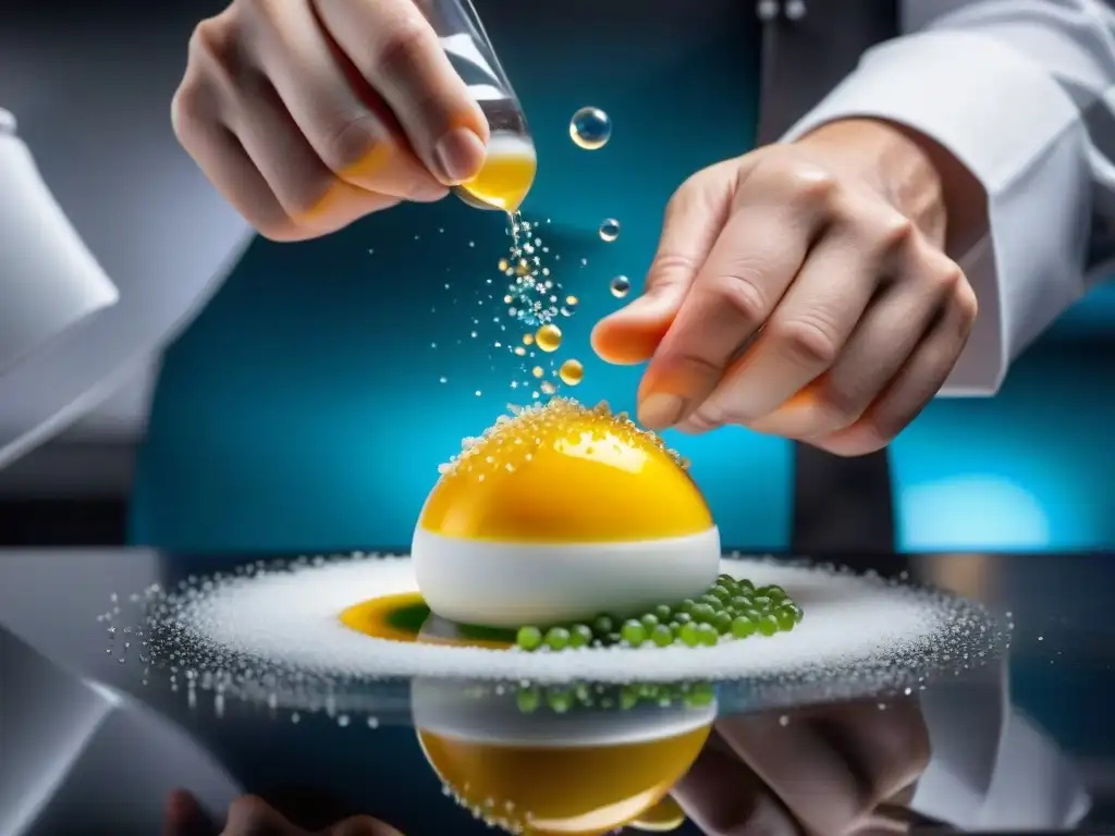 Un chef experto creando platos de gastronomía molecular con precisión en un laboratorio de cocina moderno