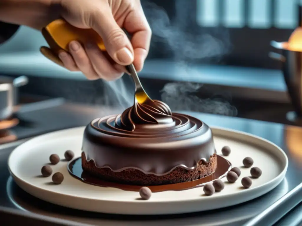 Un chef experto creando postres de chocolate en una cocina moderna