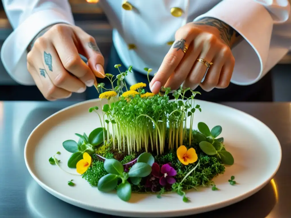 Un chef experto crea una presentación de platos gourmet con microgreens, flores comestibles y hojas de oro, en una cocina elegante y moderna