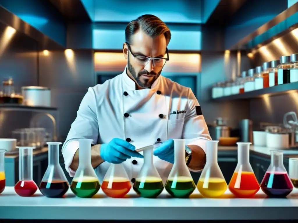 Chef experto en gastronomía molecular y psicología del sabor, mezclando líquidos coloridos en laboratorio de cocina moderno