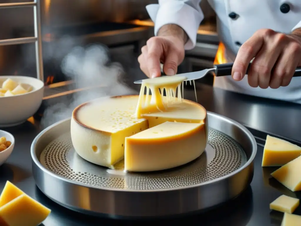 Un chef experto rallando queso Emmental suizo sobre una fondue cremosa en una cocina profesional