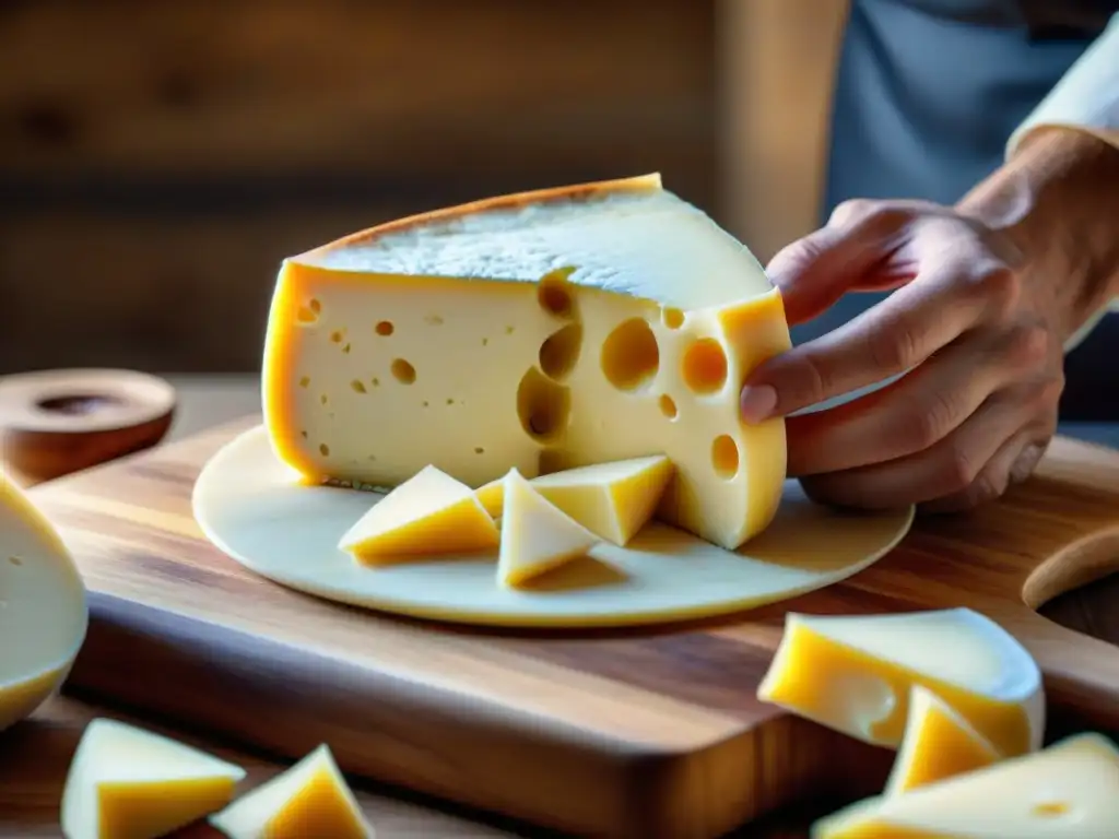 Un chef experto deshebrando Queso Oaxaca gourmet con destreza sobre tabla de madera rústica