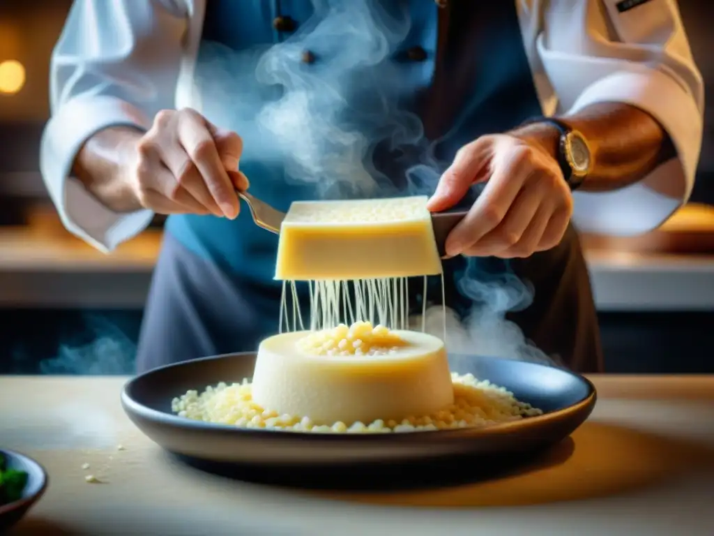 Un chef experto rallando queso Parmigiano Reggiano sobre risotto cremoso, capturando la esencia de la cocina europea con Quesos europeos para cocinar