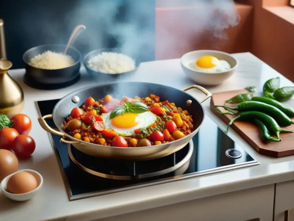 Un chef experto prepara una receta auténtica shakshuka casera en una bulliciosa cocina norteafricana tradicional