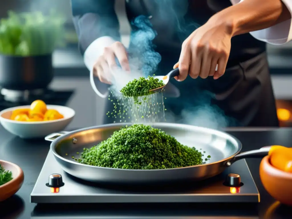 Chef moderno realza sabores con hierbas frescas en sartén Un chef experto maximiza sabores con técnicas modernas al esparcir hierbas frescas sobre una sartén humeante